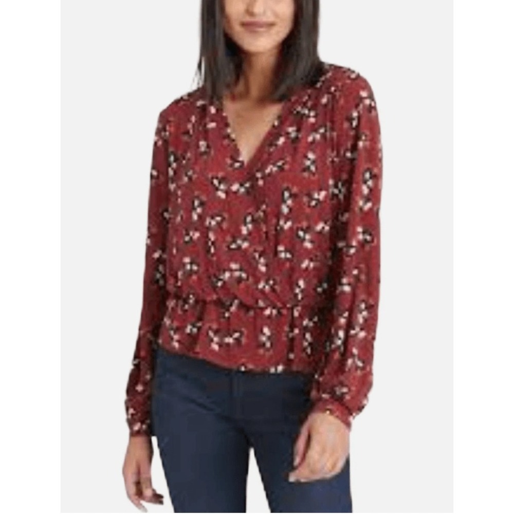 Banana Republic Women's Muir Wood Blouse Top S Rust Floral Faux Wrap Peplum